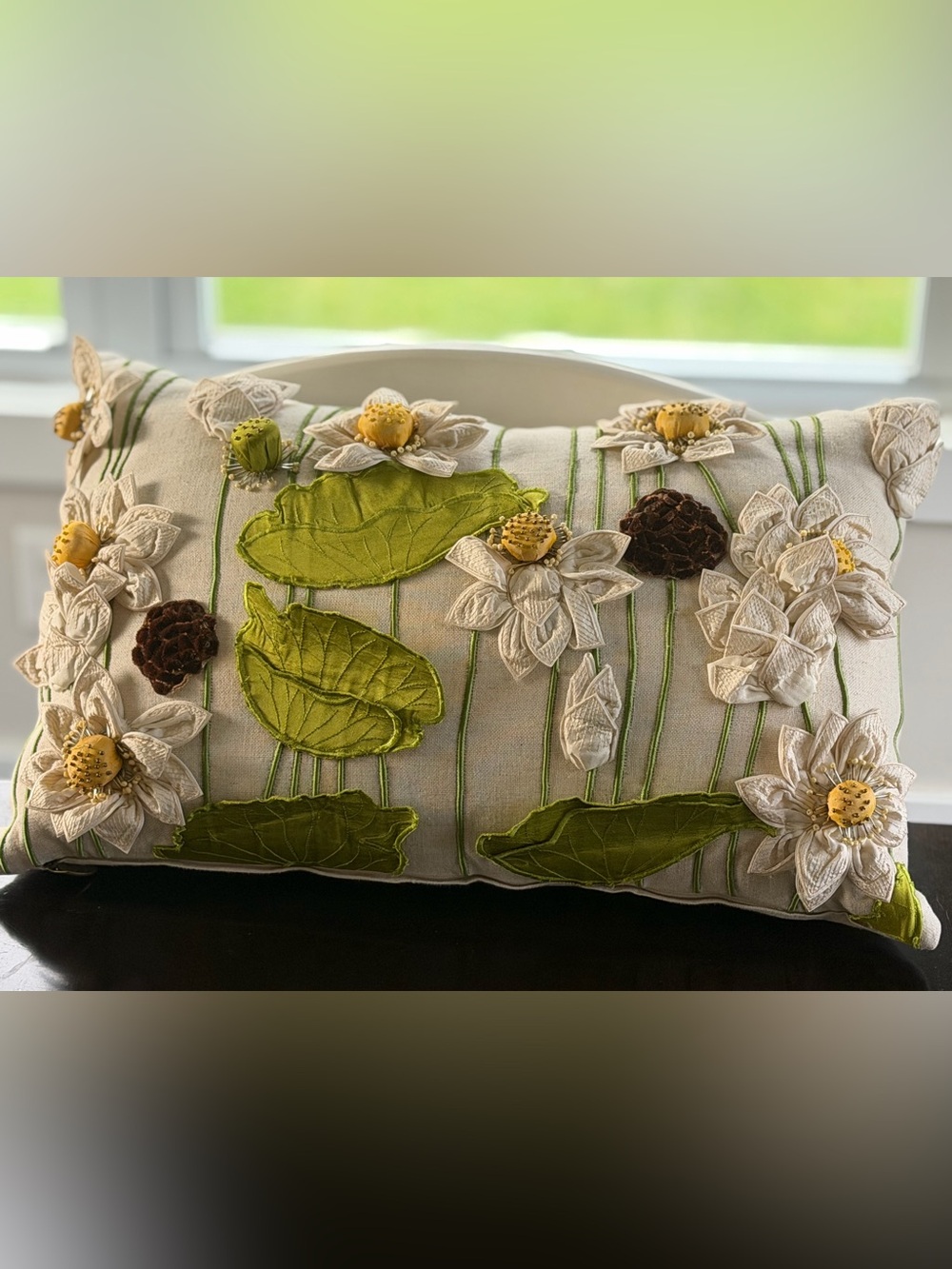 Rare MacKenzie-Childs Lily Pond Water Lily Embellished Lumbar Pillow Retired